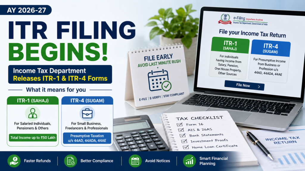 ITR Filing for AY 2026-27 Begins: Income Tax Department Releases ITR-1 and ITR-4 Forms 37 itr 1 and 4